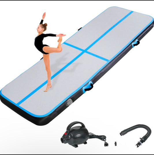 New Open Box KikiLive 10ft. Inflatable Gymnastics Air Tumbling Track Mat With Electric Air Pump for Training, Blue/Black