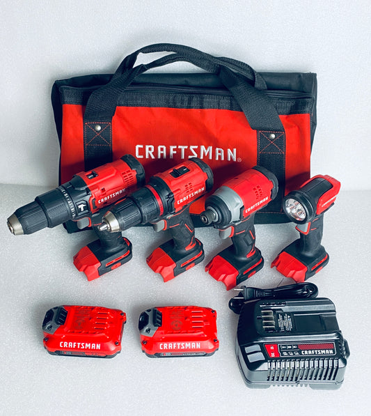 Lot Of 8 CRAFTSMAN V20 Cordless Hammer Drill, Impact Driver, Drill/Driver, LED Handheld Work Light, 2 Batteries, Charger & Carrying Bag