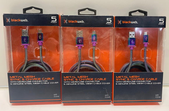Lot #328 - Lot of 3 - New Black Web Metal Mesh 5 Foot SYNC & Charge Cable With Micro-USB Connector & Genuine Steel Mesh Cable Cover