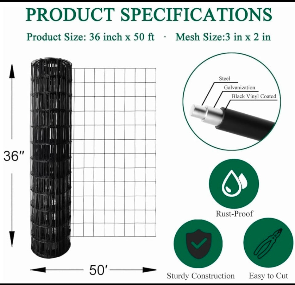 new Other Forehogar Black Welded Wire Fence PVC Coated, Garden Border Fencing Roll 2"x4"' 14G 36"x50', Black