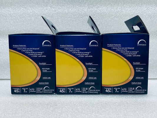 Lot Of 3 - New GE LED 7W, 45W Equivalent, Soft White Indoor Floodlight Dimmable Bulb LED R20