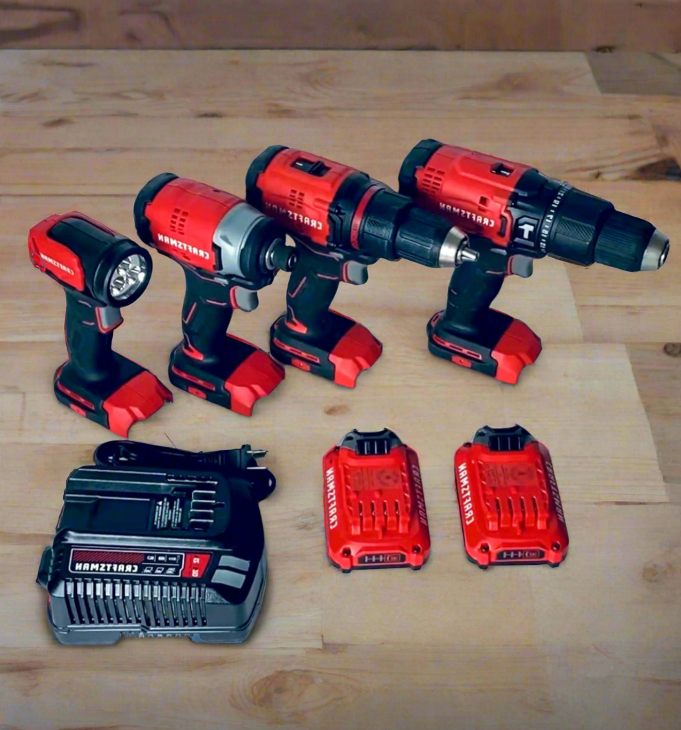 Lot Of 8 CRAFTSMAN V20 Cordless Hammer Drill, Impact Driver, Drill/Driver, LED Handheld Work Light, 2 Batteries, Charger & Carrying Bag