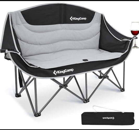 New KingCamp Heavy Duty Oversized Double Camping Loveseat Folding Travel Chair, Black