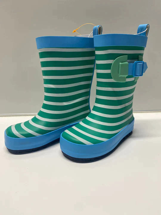 Lot #353 - NEW SUN SQUAD RAIN BOOTS SIZE S(5/6) BLUE, GREEN & WHITE STRIPES (MSRP $13)
