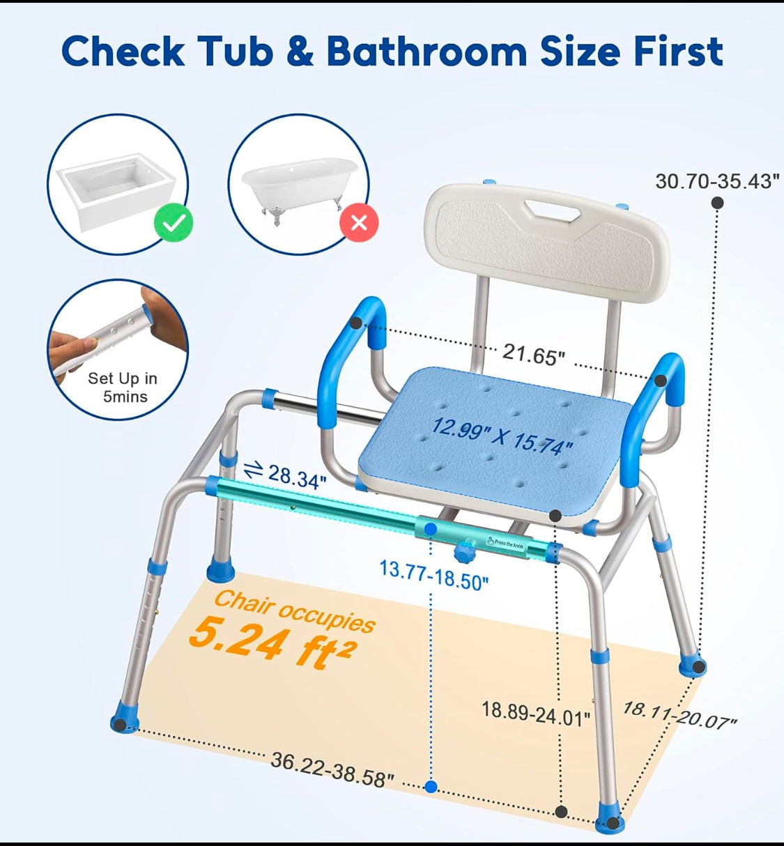 New Other Bluelog Sliding Shower Tub Transfer Bench Chair with Extra-Wide 360° Swivel Seat, FST5220