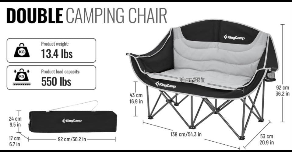 New KingCamp Heavy Duty Oversized Double Camping Loveseat Folding Travel Chair, Black