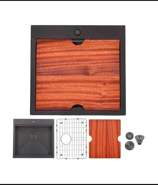 New Other Vccucine 21” x 20” Black Drop In Kitchen Sink With Wooden Cutting Board & Dish Grid