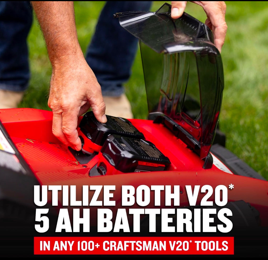 New CRAFTSMAN 2xV20 20” Lawn Mower With Grass Bag, 2 Batteries & 2 Charger, CMCMW220P2