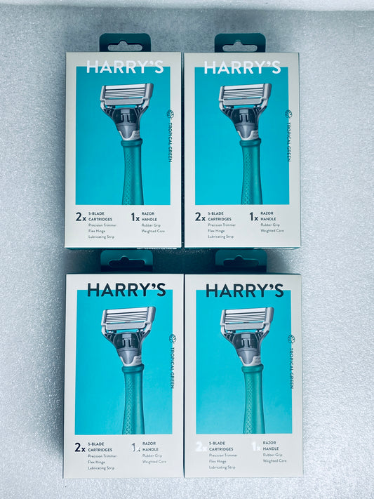 lot Of 4 - New Harry’s Tropical Green Razor Handle + 2 / 5-Blade Cartridges