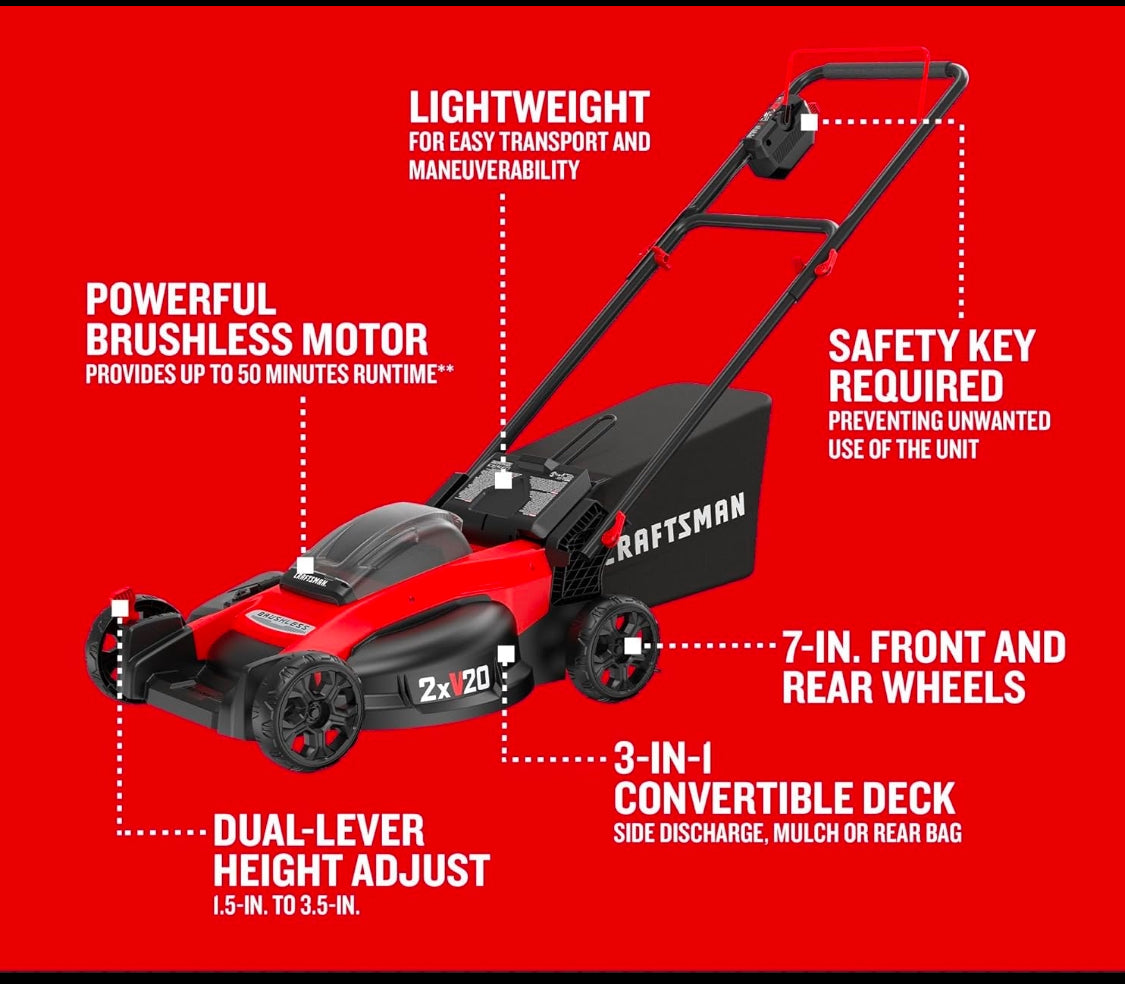 New CRAFTSMAN 2xV20 20” Lawn Mower With Grass Bag, 2 Batteries & 2 Charger, CMCMW220P2