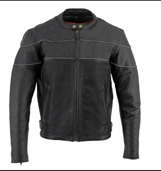 New Milwaukee Men's Black Leather Scooter Style Motorcycle Jacket, With Side Stretch & Reflective Piping, SH1785