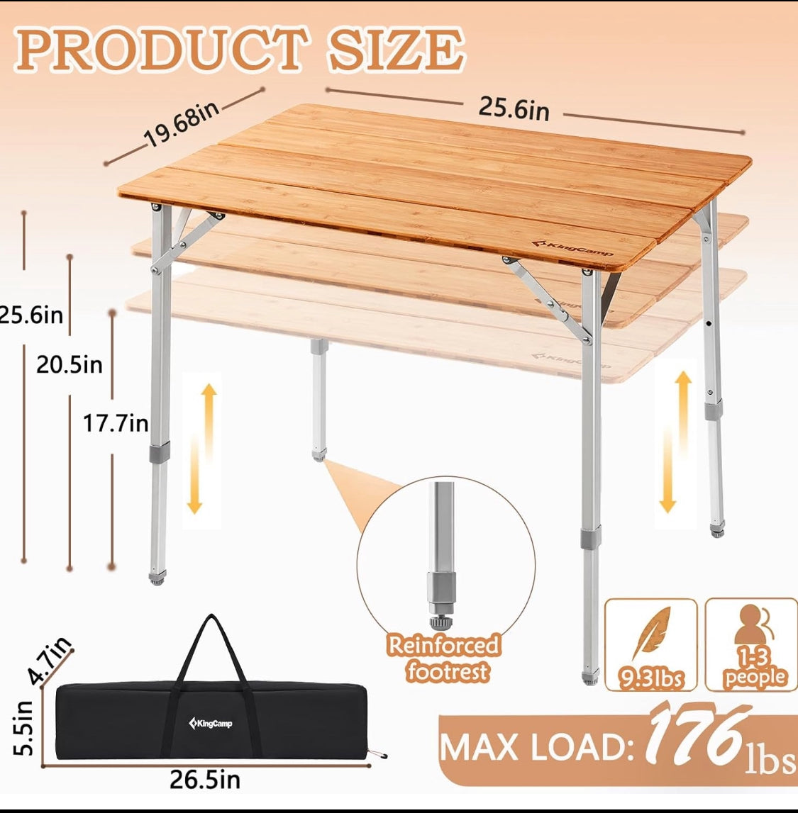 New Other KingCamp Bamboo Heavy Duty Folding Camping Table With Adjustable Height Aluminum Legs