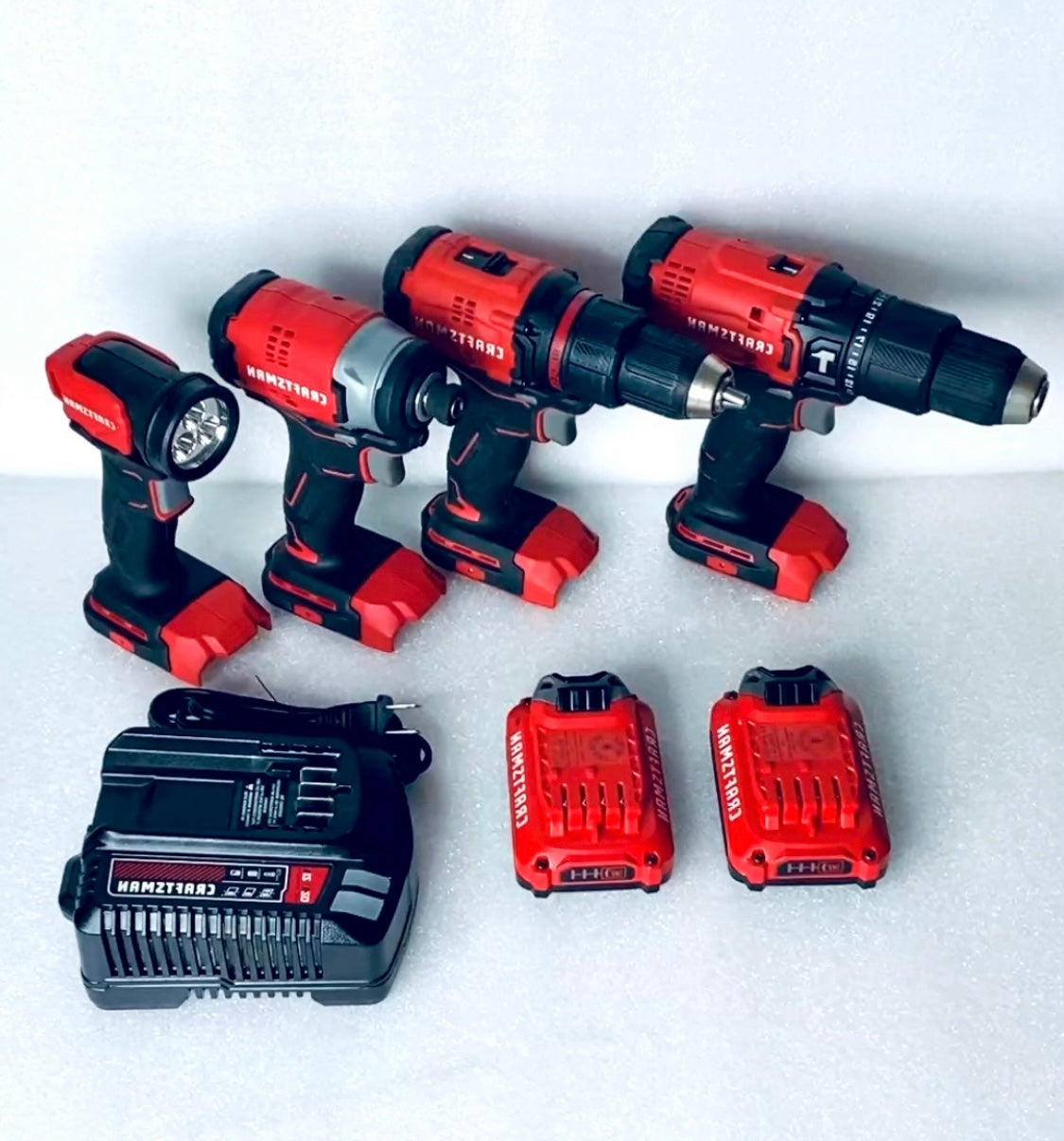 Lot Of 8 CRAFTSMAN V20 Cordless Hammer Drill, Impact Driver, Drill/Driver, LED Handheld Work Light, 2 Batteries, Charger & Carrying Bag