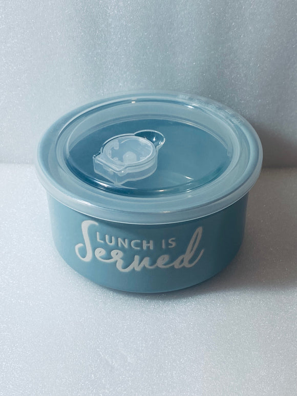Lot #342 - New Lunch is Served Round Ceramic Container, Blue (MSRP $5)