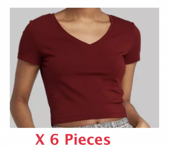 Lot #213 - Lot of 6 - Wild Fable Short Sleeve Women's V-Neck Cropped T-Shirt - Berry Maroon - Small