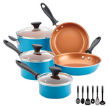 Lot #160 - New Farberware Reliance Pro Copper Ceramic 14pc Nonstick Cookware Set with Prestige Tools, Aqua (MSRP $80)