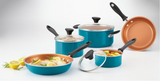 Lot #160 - New Farberware Reliance Pro Copper Ceramic 14pc Nonstick Cookware Set with Prestige Tools, Aqua (MSRP $80)