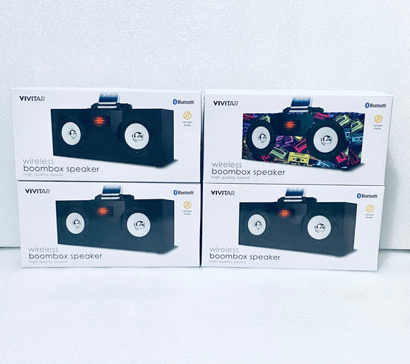 lot of 4 New Vivitar Wireless Bluetooth Boombox Speakers with LED Light Display, Black & Multicolored
