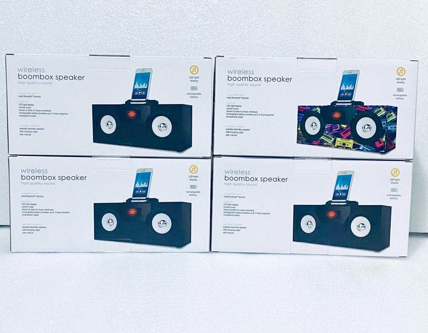 lot of 4 New Vivitar Wireless Bluetooth Boombox Speakers with LED Light Display, Black & Multicolored