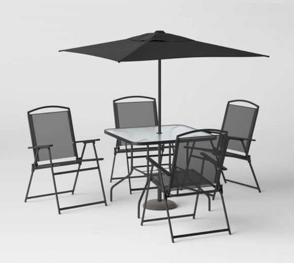 New Other Room Essentials Sling Folding Patio Dining Set, 4 Chairs, Table & Umbrella - Black