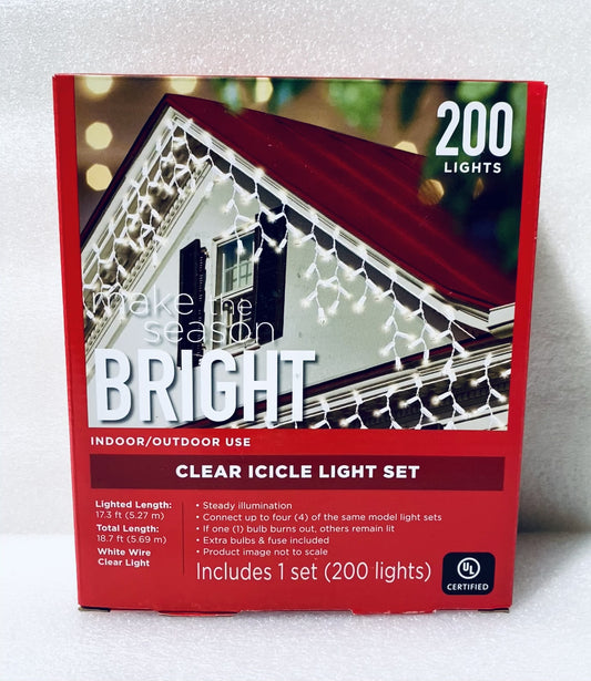 new Make The Season BRIGHT Indoor/Outdoor 200Ct Clear Icicle Light Set