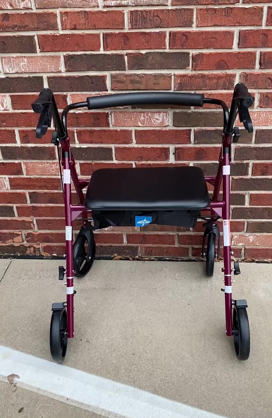 Medline Large Steel Foldable 8” Wheels Bariatric Rollator Walker with Adjustable Handles, Padded Seat & Backrest, Burgundy