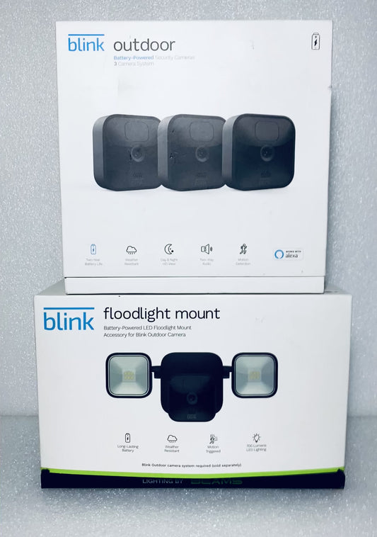 Lot Of 3 Blink Outdoor 3rd Generation Black Wireless 1080p Security Cameras, BCM00400U, Sync Module 2 BSM00400U & Floodlight Mount Grade B