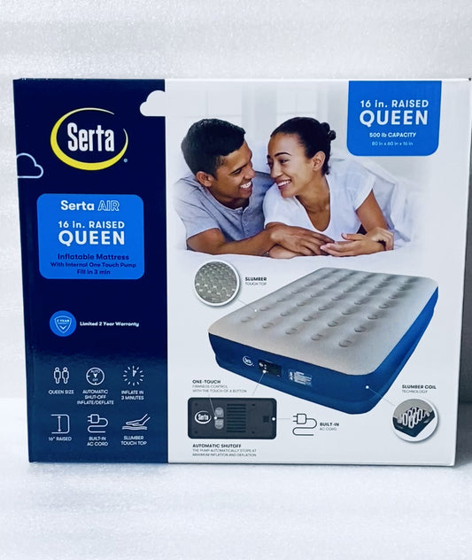 New Serta Air 16" Raised Queen Inflatable Mattress With Internal One Touch Pump