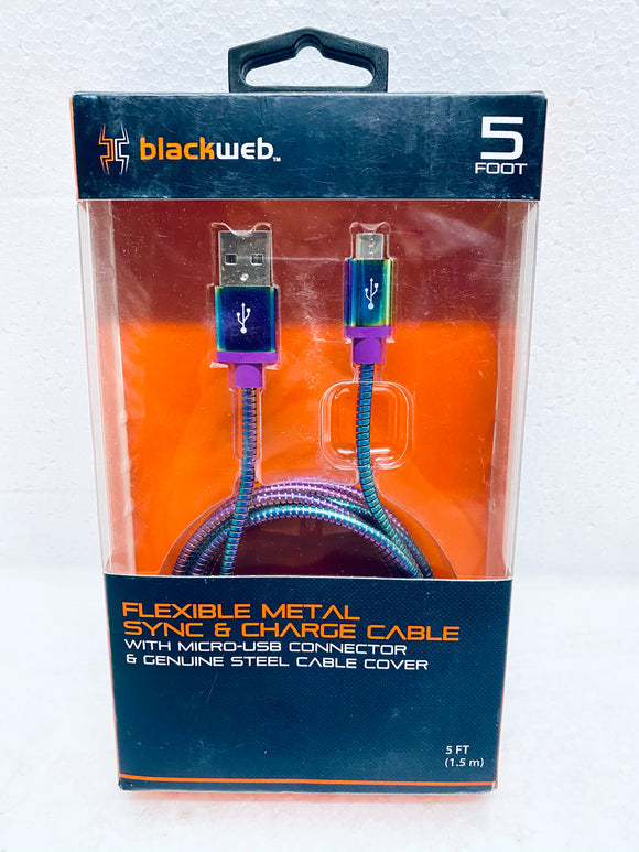 new other blackweb 5ft. steel cable cover sync & charge cable with micro-usb connector, multi-color