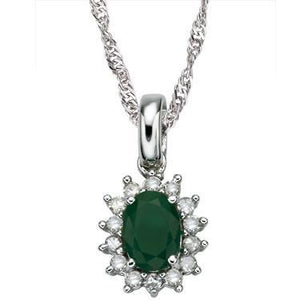 New Mesmerizing 14K White Gold Over Sterling Silver 14 Diamonds & Emerald 18 Inch Designer Necklace