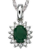 New Mesmerizing 14K White Gold Over Sterling Silver 14 Diamonds & Emerald 18 Inch Designer Necklace