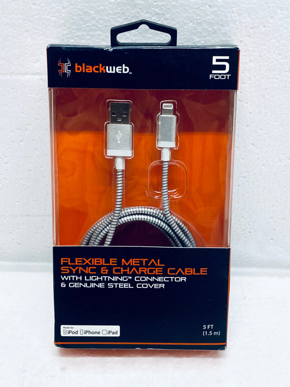 new other blackweb 5ft. flexible metal sync & charge cable with lighting connector, silver