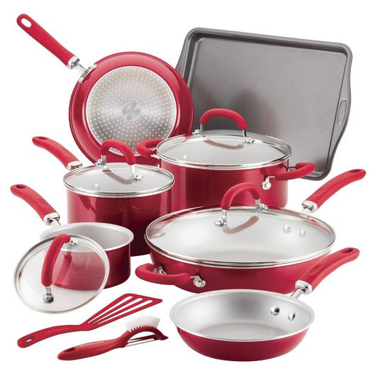 New Rachael Ray Create Delicious 13pc Aluminum Nonstick Cookware Set, Red