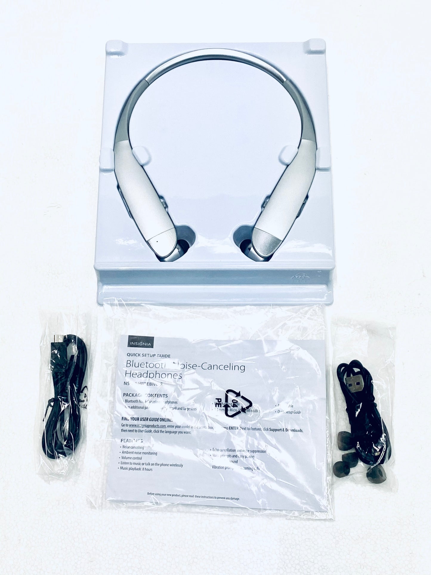 new Other Insignia NS-CAHBTEBNC-S Behind-the-Neck Bluetooth Noise-Cancelling Headphones with Bulit-in Microphone, Silver Grade A